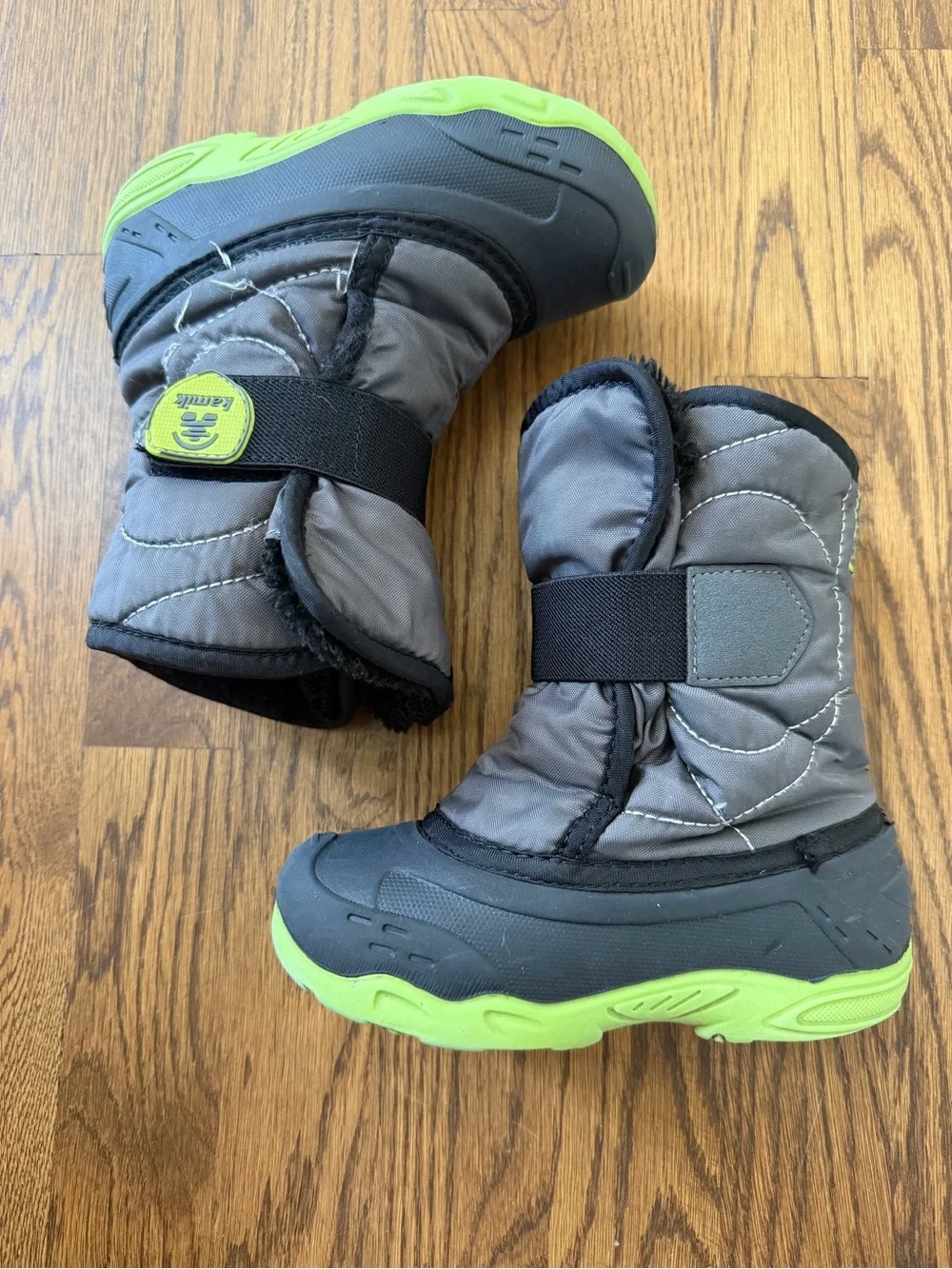 Kamik Snowbug 5 insulated winter boots in grey and lime green, toddler size 10